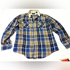 Vintage Men’s Sears Plaid Button Down Long Sleeve Shirt Blue And Tan Size Medium